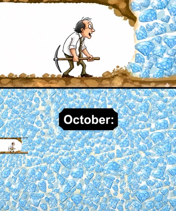 A cartoon miner with a pickaxe stands before a vast cavern of diamonds, with "October:" labeled on a massive wall of gems, symbolizing the impending discovery of a lucrative opportunity. The image reinforces the post's "your next 100x starts here" message by suggesting that major crypto or financial gains are just one breakthrough away.