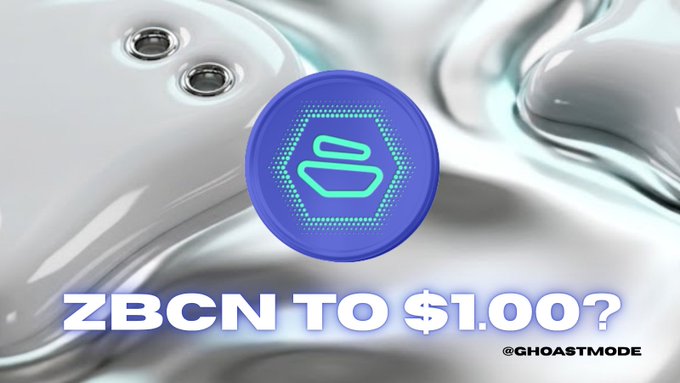 A promotional graphic showing a purple coin with a hexagonal logo on a metallic surface, with text reading 'ZBCN TO $1.00?' and '@GHOASTMODE'.