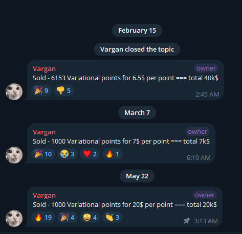 The image shows a Discord chat log from user "Vargan" (owner) documenting three sales of Variational points: 6153 points at $6.5 each (40k$ total) on February 15, 1000 points at $7 each (7k$ total) on March 7, and 1000 points at $20 each (20k$ total) on May 22, with reaction emojis below each sale. The prices shown ($6.5 → $7 → $20) visually confirm the +207% profit claim referenced in the post, illustrating Vargan's increasing sales of $VARIATIONAL points as the OTC price appreciated over time.
