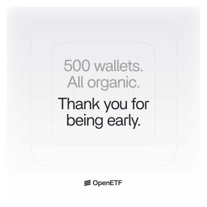 A minimalist white graphic with gray text says '500 wallets. All organic.' and bold black text 'Thank you for being early.', branded with the OpenETF logo.