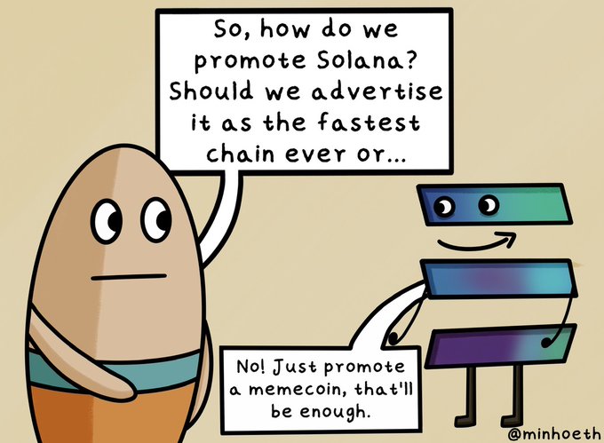 A webcomic by @minhoeth featuring Solana and a Surfer dude character discussing how to promote Solana, suggesting just creating a memecoin instead.