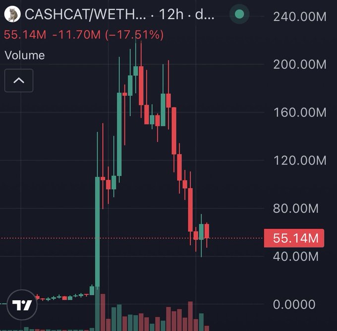 A candlestick chart showing the CASHCAT/WETH trading pair on a 12-hour timeframe, with a current value of 55.14M, down 11.70M (-17.51%), displayed via TradingView.