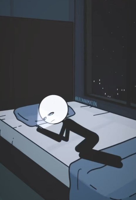 A cartoon character with a white round head lies face-down on a bed at night, looking sad and exhausted, with the watermark "BLEUMNATION" visible on the window. The image relates to "Gn chat" by depicting the melancholic, burnt-out feeling one might have when saying goodnight after a long day.