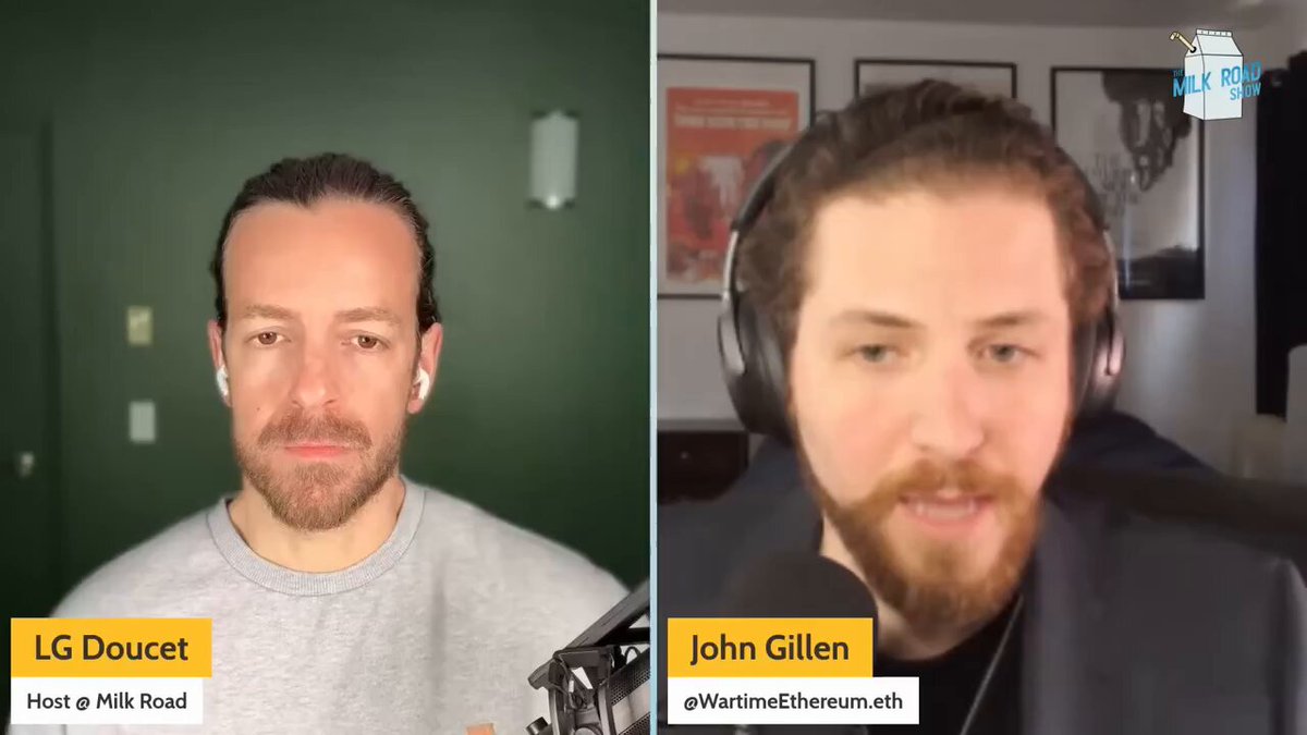 The image shows two men wearing headphones, with one man's face being displayed on a screen while the other man's face is not visible. The background of both images features a green wall. There are also some texts present in the image that read "John Gillen" and "@WarOnTheBankless".