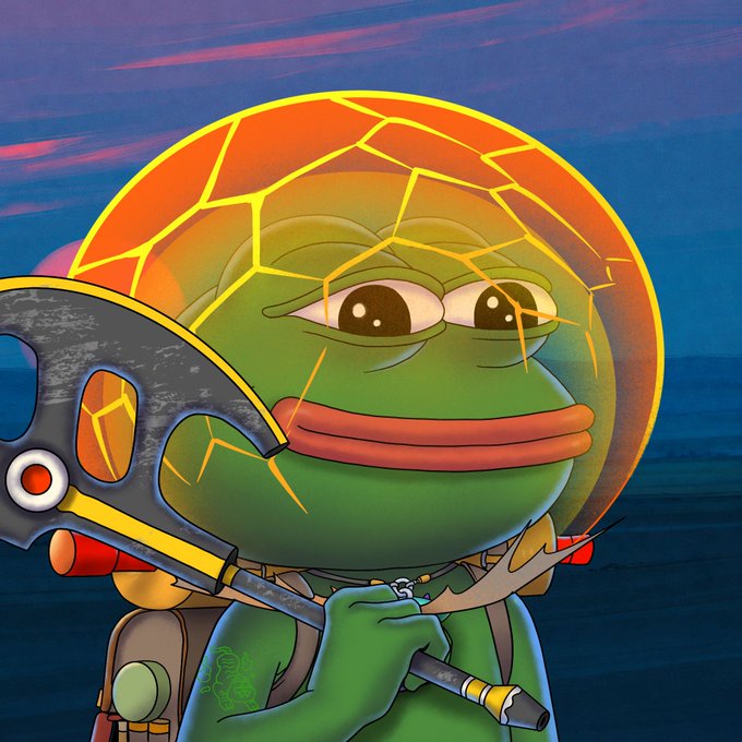 A digital illustration of a green Pepe-style frog character with an orange cracked dome headpiece, holding a dark fantasy weapon, with a backpack and another weapon visible against a sunset sky and ocean background.
