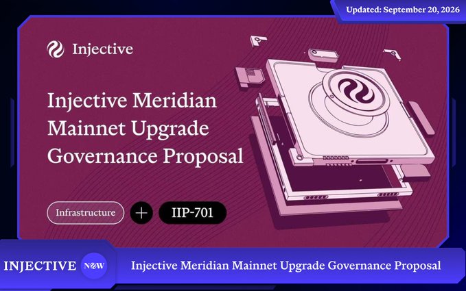 A digital graphic titled 'Injective Meridian Mainnet Upgrade Governance Proposal' displays a purple and pink background with an exploded view of a hardware component and the Injective logo.