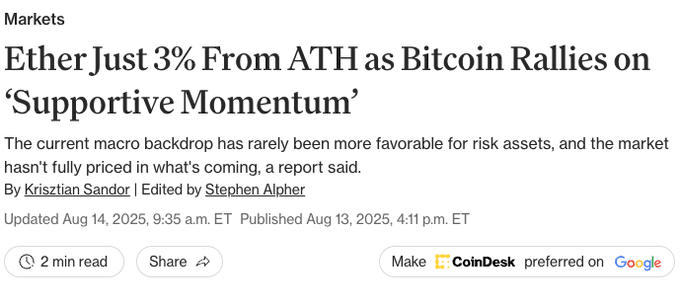 A CoinDesk Markets article headline reading 'Ether Just 3% From ATH as Bitcoin Rallies on Supportive Momentum' by Krisztian Sandor and Stephen Alpher, published August 13-14, 2025.