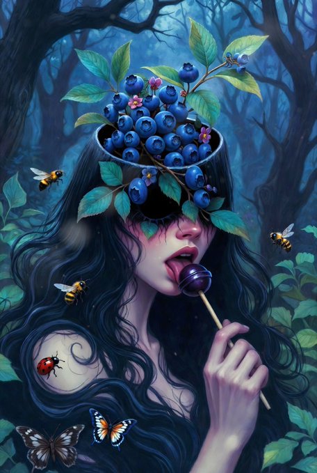 The image features a woman with long hair, wearing a hat that has blueberries growing out of it. She is holding a lollipop in her hand while surrounded by various insects such as bees and butterflies. The background consists of trees and bushes, creating an impressionistic scene. The caption reads "NEW MINT ON TRANSLAB The Keeper of Unripe Moons Some myths are never meant to be remembered. Some memories are never meant to bloom." This phrase is related to the image because it seems to be a reference to the artist's work or the concept behind the artwork, which could be about the idea that memories and experiences can sometimes be forgotten or left unacknowledged.