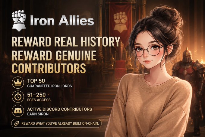 An anime-style promotional graphic for 'Iron Allies' featuring a dark-haired bespectacled girl, with text reading 'REWARD REAL HISTORY, REWARD GENUINE CONTRIBUTORS,' along with tiers: TOP 50 Guaranteed Iron Lords, 51-250 FCFS Access, and Active Discord Contributors Earn $IRON.