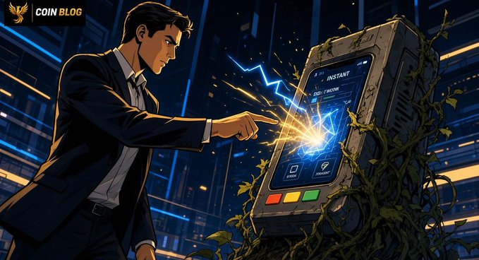A digital illustration for 'COIN BLOG' showing a businessman in a suit pointing at an old, vine-covered ATM machine with a glowing screen.