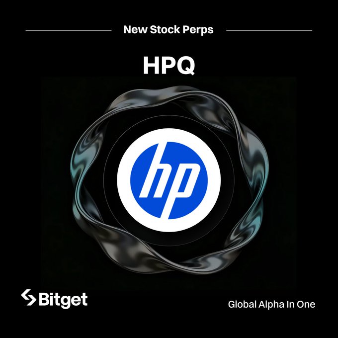 A Bitget promotional graphic announcing "New Stock Perps" for HPQ, featuring the HP logo on a circular design with the tagline "Global Alpha In One" and Bitget branding. The image visually promotes the availability of HP (HPQ) stock perpetual contracts on the Bitget trading platform.