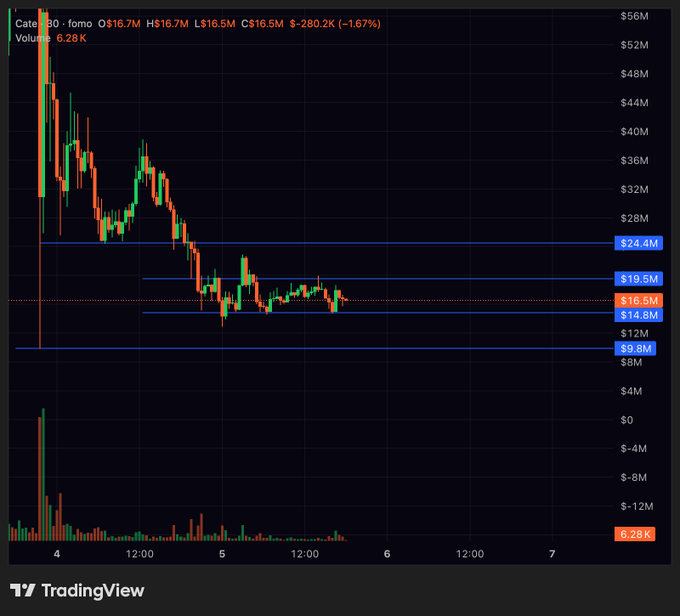 A TradingView candlestick chart of $cate (CAT) on a dark background shows an opening price around $16.7M and horizontal support levels marked at $24.4M, $19.5M, $16.5M, $14.8M, and $9.8M, aligning with the post's notes about a potential low forming near $13M and possible liquidity sweeps below.