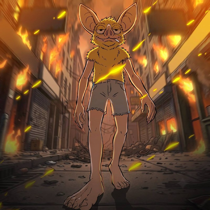 A digital illustration shows a cartoonish, bat-like humanoid creature with large ears and yellow fur standing in a burning, ruined alleyway with flames and embers flying around it.