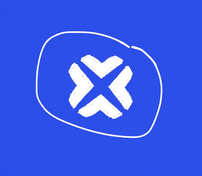 A blue square graphic features a white hand-drawn 'X' enclosed within an irregular, rounded border in the center.