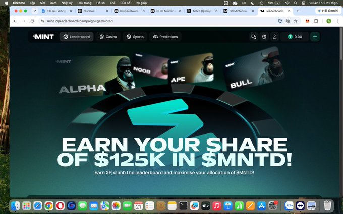 A MINT.io webpage promoting a campaign with the text 'EARN YOUR SHARE OF $125K IN $MNTD!' showing cards labeled ALPHA, NOOB, APE, and BULL.