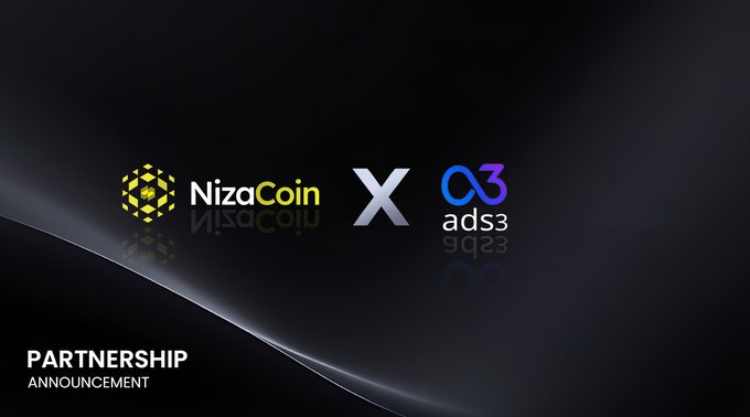A partnership announcement graphic featuring logos for 'NizaCoin', 'X', and 'ads3' on a dark background.