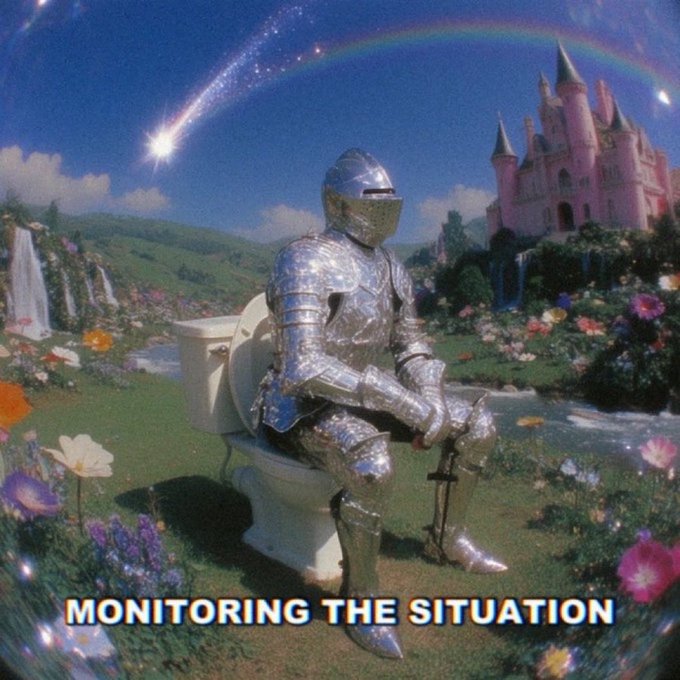 A surreal, meme-style image features a knight in shining silver armor sitting on a porcelain toilet in a vibrant meadow, with a rainbow and pink castle in the background and the text 'MONITORING THE SITUATION' at the bottom.