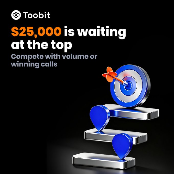 A promotional graphic from Toobit cryptocurrency exchange advertising '$25,000 is waiting at the top' to compete with volume or winning calls, featuring a 3D dartboard trophy.
