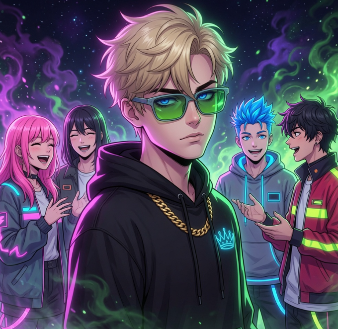 An anime-style illustration of a group of five young people, centered on a blonde man wearing green-tinted glasses, a black hoodie, and a gold chain, surrounded by four other characters laughing, with neon green and purple smoke effects.
