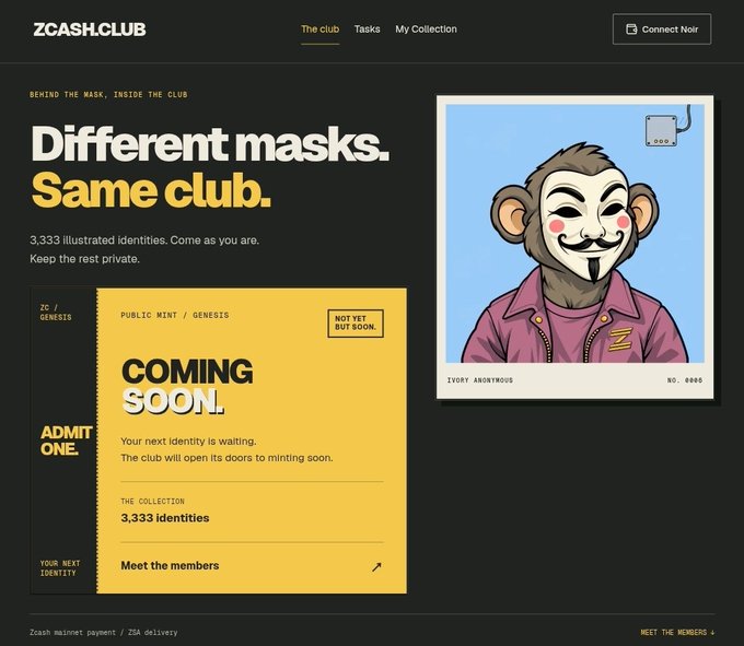 A screenshot of the ZCASH.CLUB website with the tagline 'Different masks. Same club.', featuring an NFT-style cartoon monkey in a V for Vendetta mask labeled 'IVORY ANONYMOUS' and a yellow 'COMING SOON. ADMIT ONE' ticket for a 'PUBLIC MINT / GENESIS'.