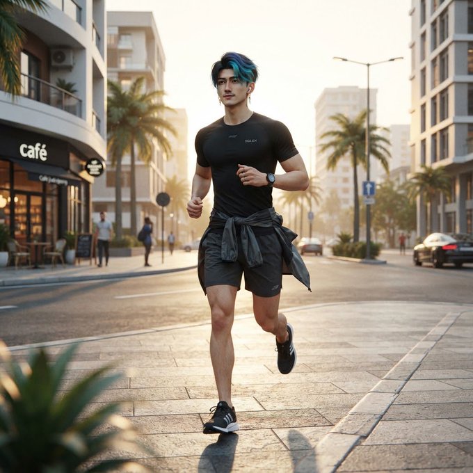 A young man with dark hair streaked with blue runs down a sunny urban street, wearing a black athletic shirt and shorts.