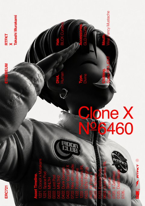 A stylized black and white portrait featuring a person with a head wrap and headband, overlaid with red text including 'RTFKT X Takashi Murakami', 'Ethereum', and prominent 'Clone X N°6460' along with various asset details.