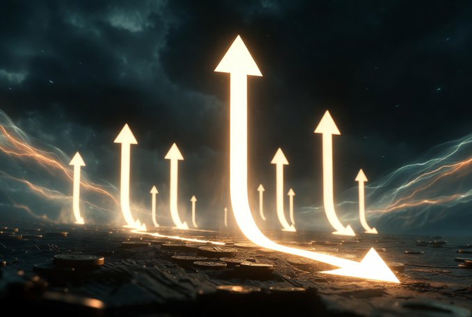 A digital art piece depicting glowing upward and downward arrows rising from a cracked landscape under a dark, cloudy sky.