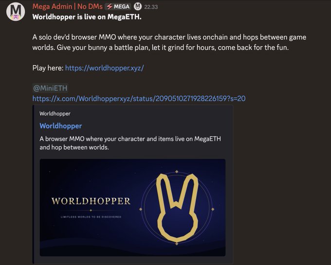 A Twitter/X post from 'Mega Admin | No DMs' at @MiniETH announcing 'Worldhopper is live on MegaETH', describing it as a browser MMO with onchain characters, with the game logo showing a rabbit head symbol.