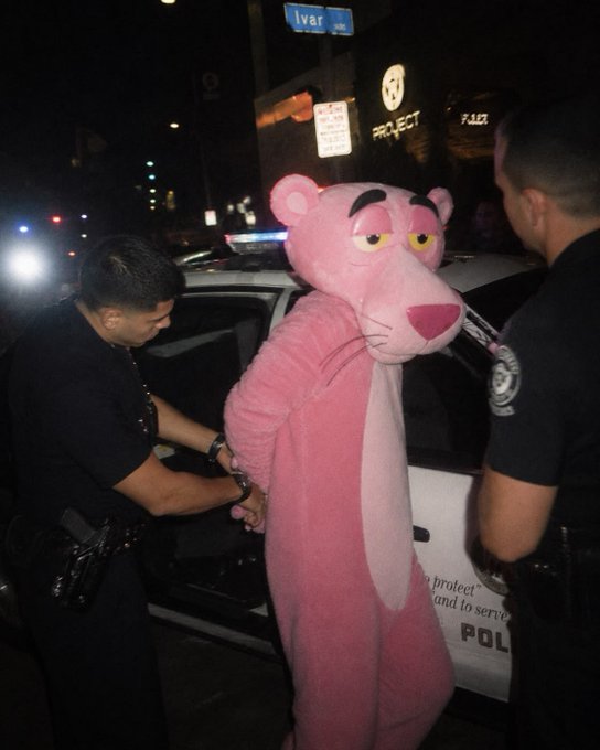 A person in a Pink Panther costume is being arrested and handcuffed by police officers next to a patrol car at night, with an 'Ivar' street sign visible.