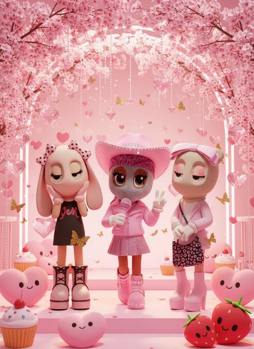 Three adorable plush characters dressed in pink cowgirl and fashionable outfits pose together under a cherry blossom arch with hearts and butterflies, surrounded by cute cupcakes and smiling strawberries. The whimsical, pastel aesthetic perfectly matches the upbeat "GM Have a Super Fun Sunday" vibe from the A Kid Called Beast (AKCB) BeastBabes community.