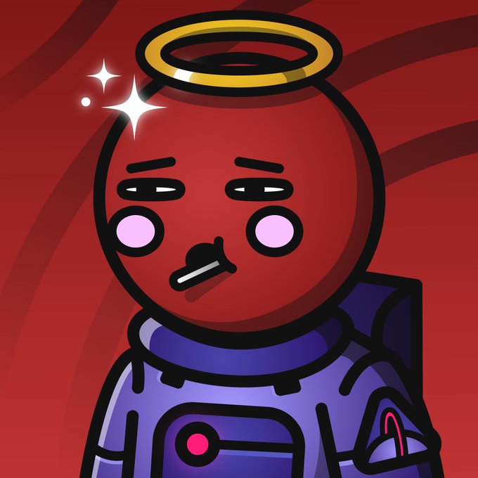 The image features a cartoon character wearing a blue suit and holding a red object, possibly an orange or a ball, while standing against a red background. The caption of the image reads "As a token of appreciation to @zubic_eth for supporting the @voids community, I added this @SpaceRidersXYZ to the team I think he could go on a space mission with my Slimoid haha."