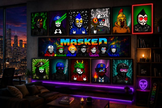 The image shows a group of people wearing masks, possibly as characters from an art project or event. The masks are painted with various designs, including skulls and flames. There are also several other elements present in the room. A couch can be seen in one corner, surrounded by multiple pictures on the wall above it. These pictures feature different themes and styles, ranging from fantasy to portraits. In addition, there's a potted plant located near the right side of the image, providing some greenery to balance out the artistic atmosphere. The main focus of this scene is the masks and their accompanying artworks displayed on the wall.