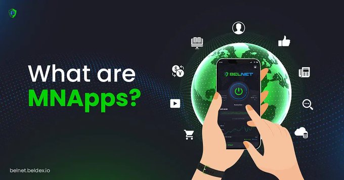 A promotional graphic with the text "What are MNApps?" alongside an illustration of hands holding a smartphone displaying the BELNET app, surrounded by app icons over a green globe, with "belnet.beldex.io" at the bottom.