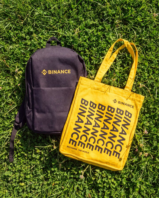 A bright yellow Binance tote bag with repeated logo text sits next to a dark backpack on green grass, perfectly illustrating the "brightens the day" sentiment.