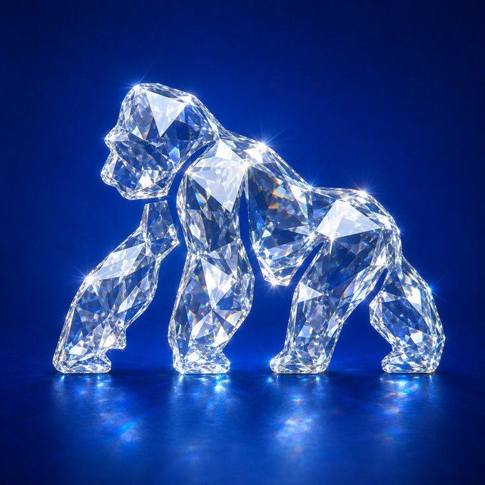 A diamond-encrusted gorilla figurine in a walking pose sparkles against a deep blue background with rainbow light refractions.