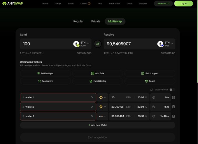 The AnySwap cryptocurrency exchange interface showing a multiswap from 100 ETH to 99.5495907 ETH BASE distributed across three destination wallets, with approximately $185,847 USD values displayed.