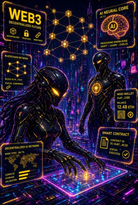 A digital art poster depicting two futuristic robot figures with glowing yellow accents, surrounded by Web3-themed interface panels including 'AI NEURAL CORE', 'BLOCKCHAIN NETWORK', 'WEB3 WALLET', and 'SMART CONTRACT'.