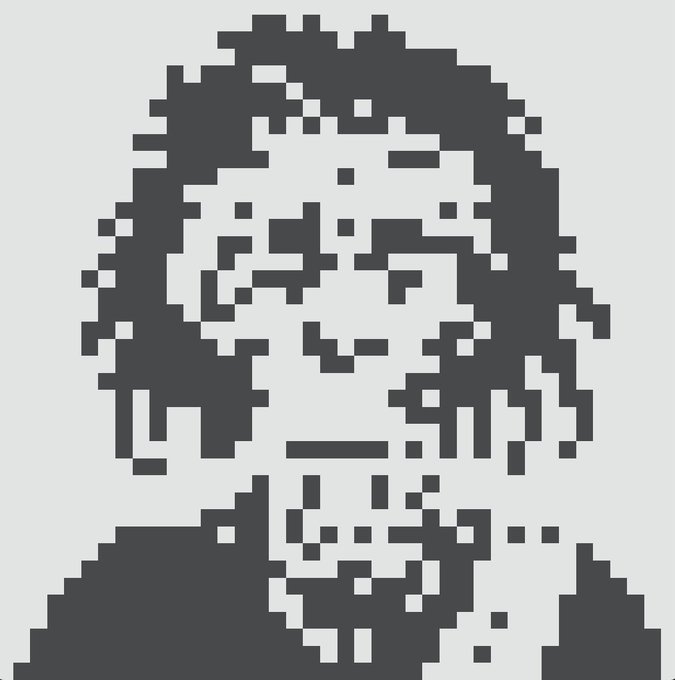 A highly pixelated, low-resolution black-and-white portrait of a smiling person with shoulder-length hair, rendered in a coarse blocky style.