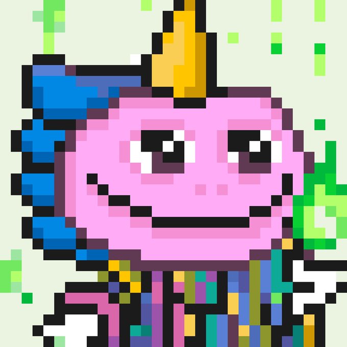 A pixel art illustration of a smiling pink character with blue hair and a yellow crown, surrounded by green foliage on a light green background.