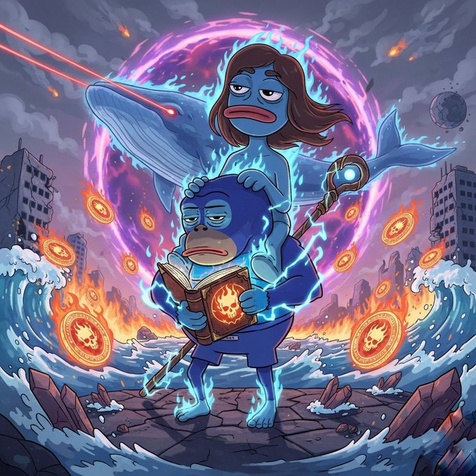 An AI-generated image depicting two blue creatures in an apocalyptic scene with a portal, where one holds a magical book and the other rides on top wielding a staff, surrounded by flames, waves, and floating discs with skull symbols.