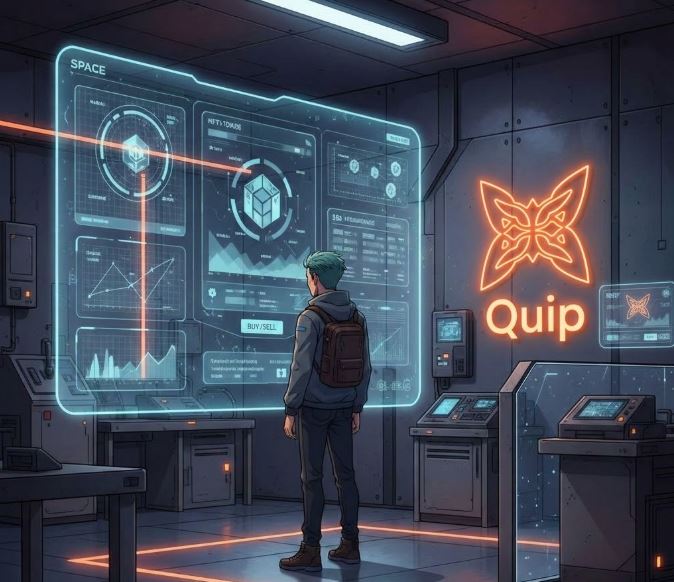 An anime-style illustration of a person with a backpack facing a large digital display showing space and NFT trading interfaces, with a glowing 'Quip' butterfly logo on the right.