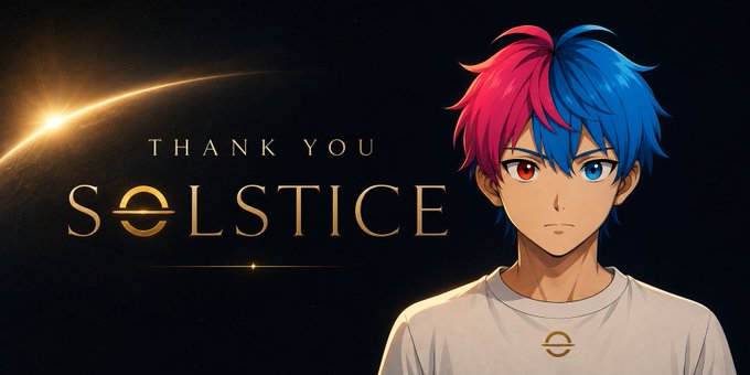 Anime-style thumbnail thanking viewers featuring 'SOLSTICE' in gold text, alongside a character with half-pink, half-blue hair, set against a planet eclipse background.
