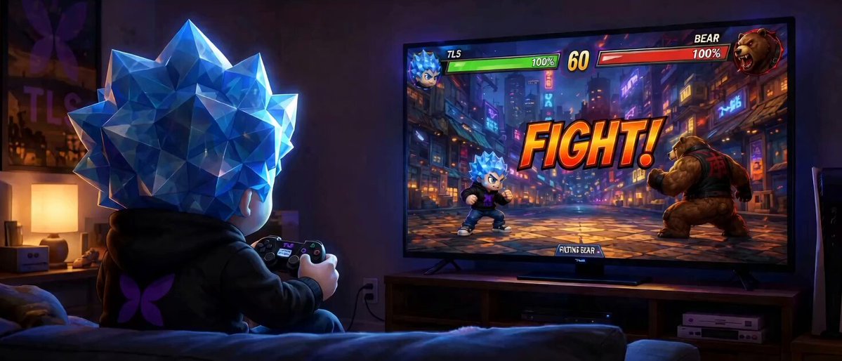 The image shows a person sitting on a couch, playing a video game using a Nintendo Wii controller. The TV screen displays an action-packed scene from a fighting game with two characters engaged in combat. The background of the image features a cartoon character wearing a blue hat and cape. The caption for the image reads "Focus on what is in the image and how it relates to the post".