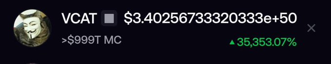 A cryptocurrency tracker showing VCAT token at $3.40256733320333e+50 with a market cap over $999T and a 35,353.07% gain.