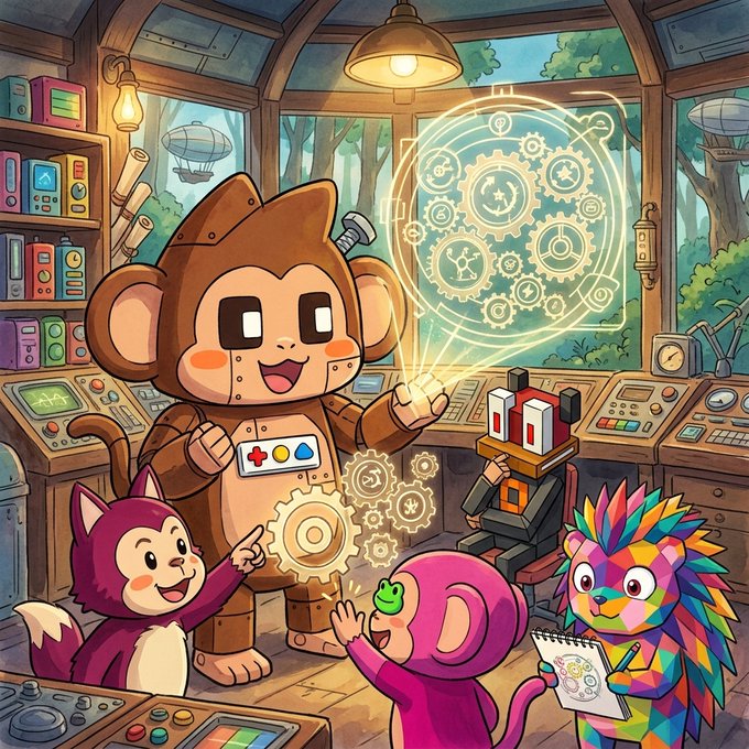 A colorful cartoon illustration featuring a monkey robot, a pink monkey, a pink character, and a rainbow-maned creature in a steampunk-style room with glowing gears and holographic displays.