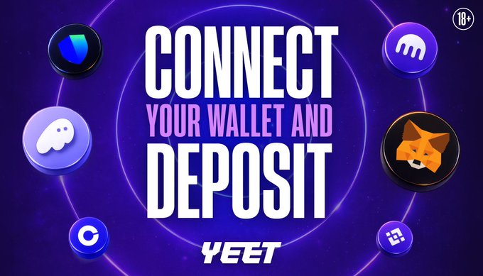 YEET crypto gambling banner with purple space-themed background featuring cryptocurrency logos and gaming mascots, promoting 'CONNECT YOUR WALLET AND DEPOSIT' for users 18+.