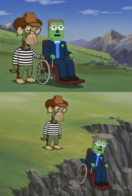 A two-panel cartoon meme featuring a monkey in a striped shirt and detective hat pushing a green blocky character in a wheelchair, first on grass and then into a cliff, depicting the harsh reality for those who bought crypto.