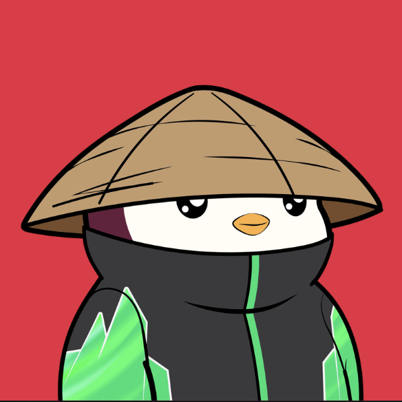 A cartoon penguin character wearing a traditional conical straw hat (non la) and a green-and-black ninja-style outfit glares with a skeptical expression against a red background. The image's "side-eye" mood pairs humorously with the post's question, visually representing doubt about whether NFTs are truly making a comeback.