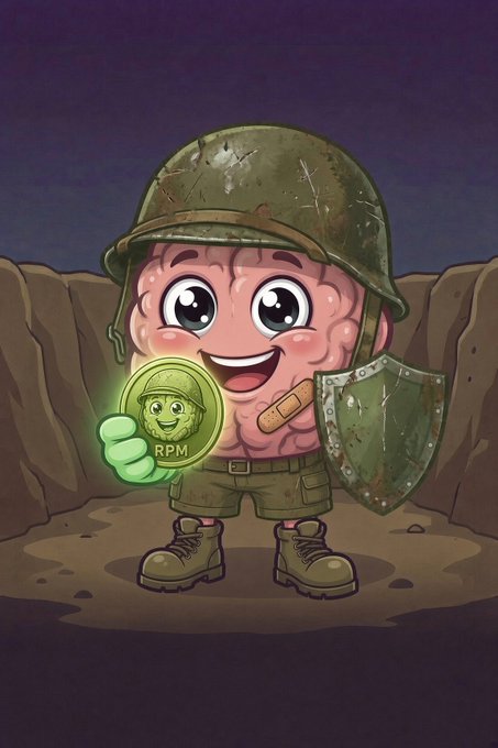 A cartoon character designed like a brain wearing a military helmet, holding a shield and a glowing coin featuring another smiling brain labeled 'RPM.'
