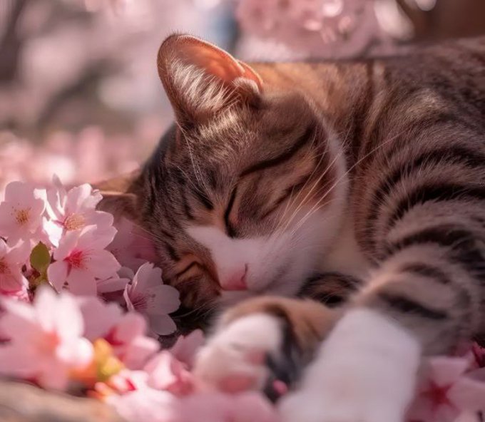 A close-up photograph of a tabby cat peacefully sleeping with its eyes closed among pink cherry blossoms.